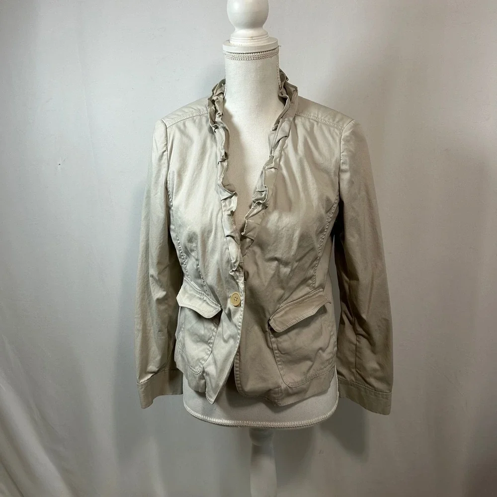 Talbots Petites Ruffle Front Blazer Jacket‎ Beige Cotton Blend Career